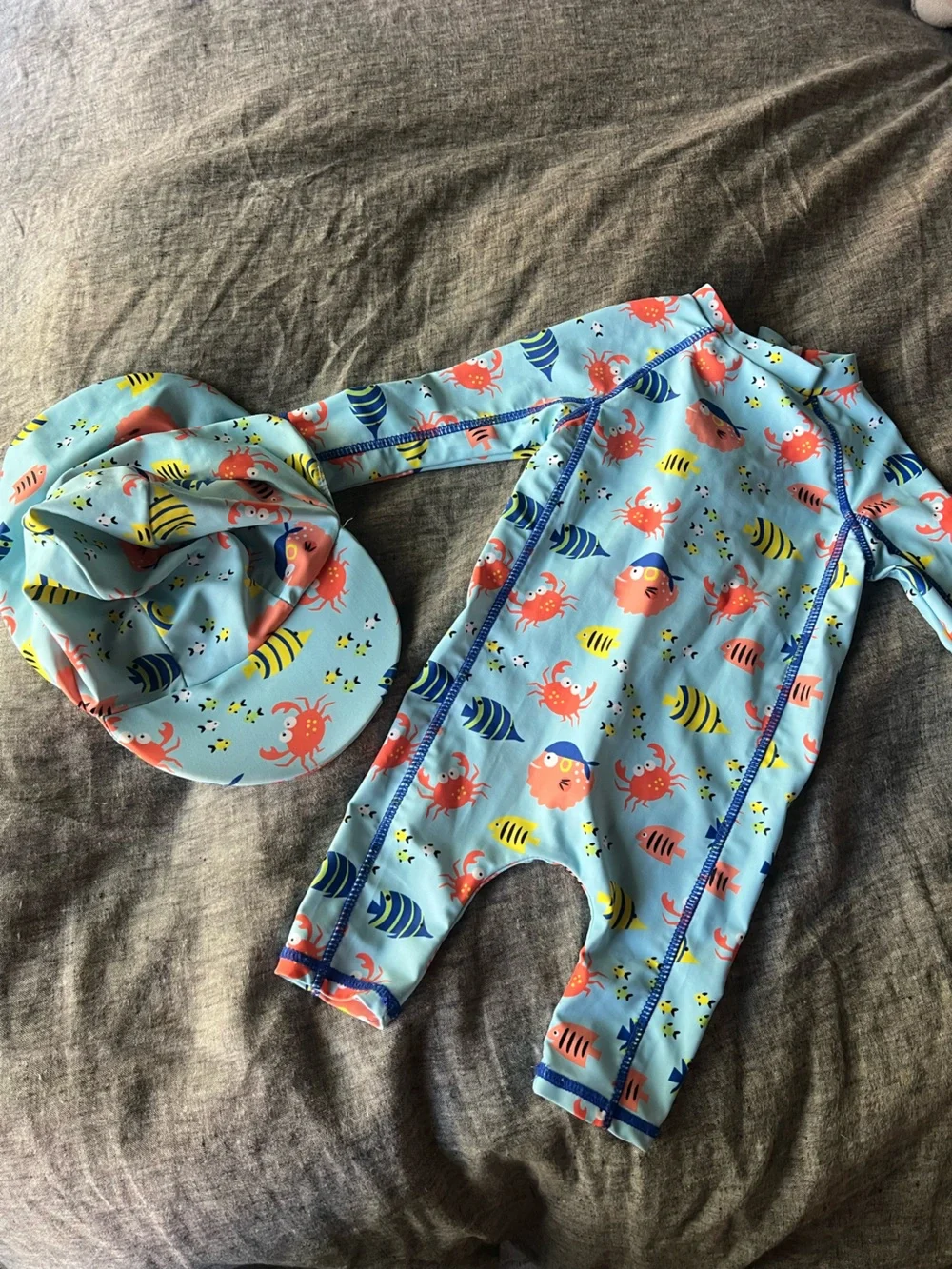 Kids Light Blue Rash Guard Swimsuit Set with Crab Print